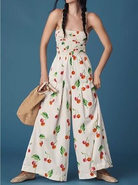 S/W/F Cherry Wide Leg Jumpsuit Summer Anthropologie XL Cream Cotton